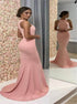 Pink Mermaid Scoop Satin Pleats Prom Dress LBQ3797